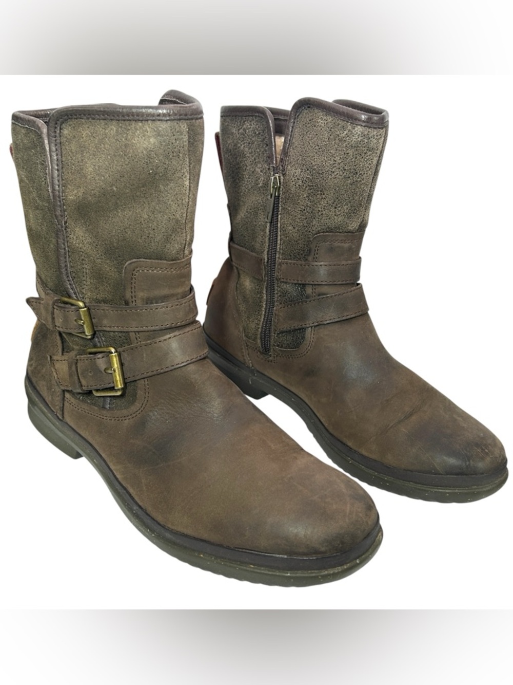 Womens UGG Simmens Waterproof Leather Moto Boots Brown Shearling Lined Size 9.5